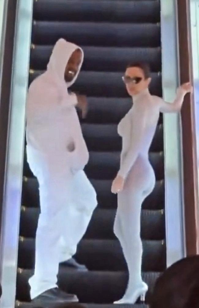 Kanye West and Bianca Censori wore matching white outfits for a night out in Tokyo. Picture: Backgrid