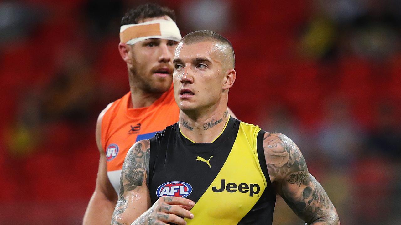 Richmond's Dustin Martin was fined for gestures allegedly towards Giants ruckman Shane Mumford. Picture: Phil Hillyard