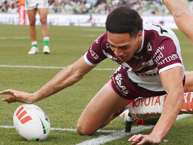 CANBERRA, AUSTRALIA - AUGUST 10: Lehi Hopoate of the Eagles scores a try during the round 23 NRL match between Canberra Raiders and Manly Sea Eagles at GIO Stadium, on August 10, 2024, in Canberra, Australia. (Photo by Mark Nolan/Getty Images)