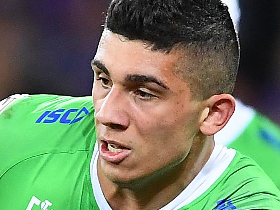 MELBOURNE, AUSTRALIA - SEPTEMBER 14: Bailey Simonsson of the Raiders is tackled during the NRL Qualifying Final match between the Melbourne Storm and the Canberra Raiders at AAMI Park on September 14, 2019 in Melbourne, Australia. (Photo by Quinn Rooney/Getty Images)