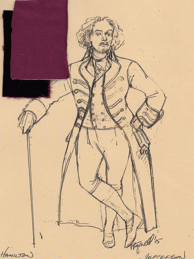 One of the male Hamilton costumes, sketched by Paul Tazewell.