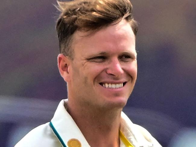 Australia's Matthew Kuhnemann celebrates after taking the wicket of Sri Lanka's Kamindu Mendis during the fourth day of the first Test cricket match between Sri Lanka and Australia at the Galle International Cricket Stadium in Galle on February 1, 2025. (Photo by Ishara S. KODIKARA / AFP)