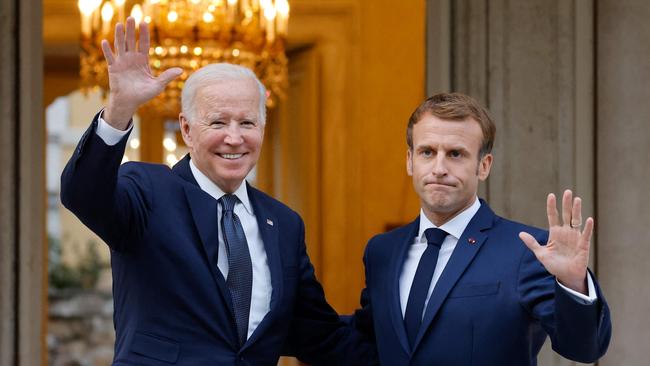 Joe Biden and Emmanuel Macron meet at the G20 in Rome last week. Picture: AFP