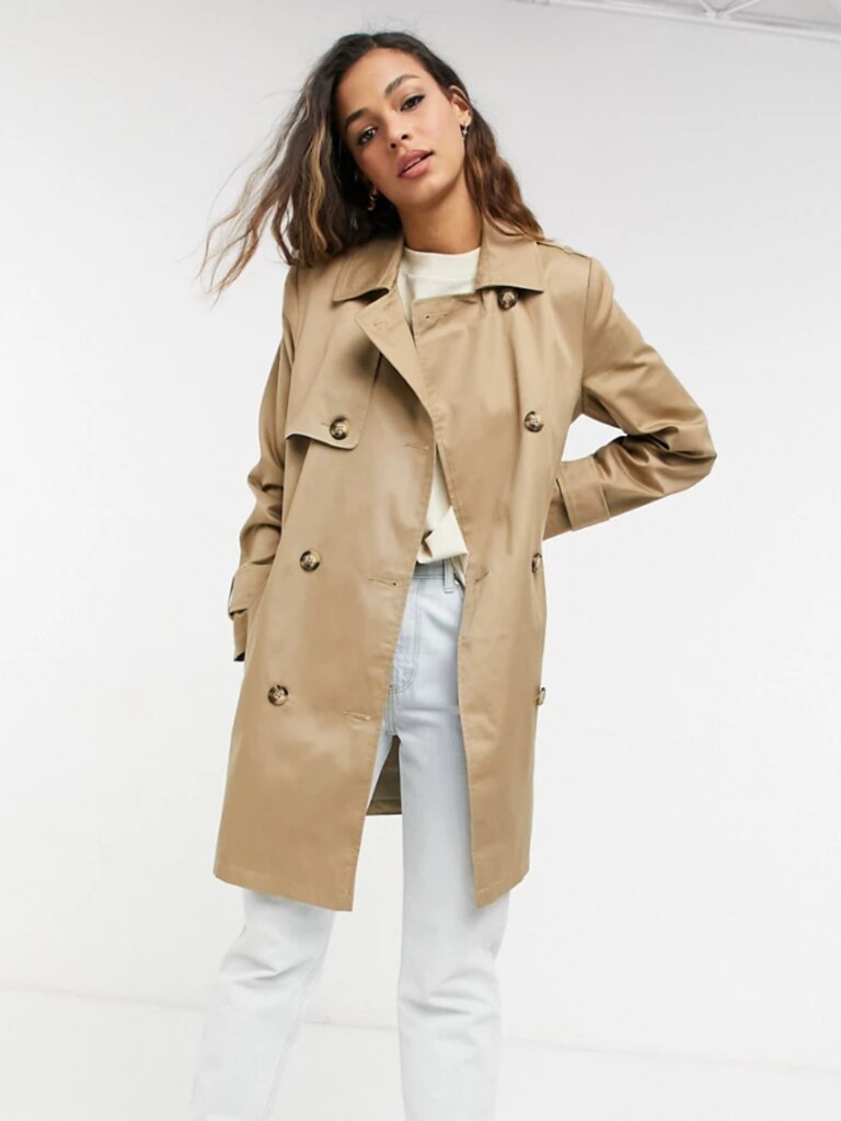 ASOS Design Trench Coat in Stone, front. Image: ASOS.