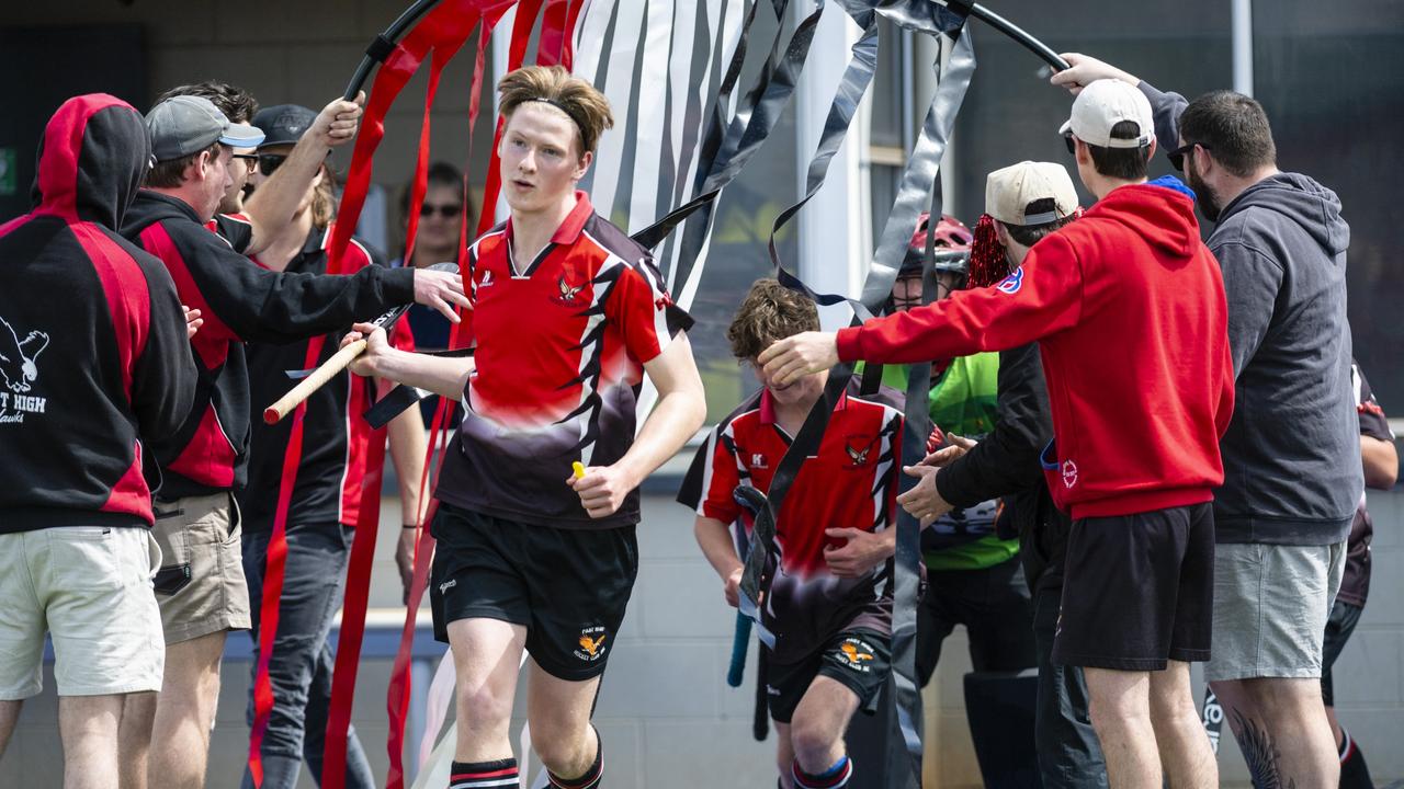Past High captain Mitchell Prior leads the team out against Rangeville in J1 boys grand final hockey at Clyde Park, Saturday, September 10, 2022. Picture: Kevin Farmer