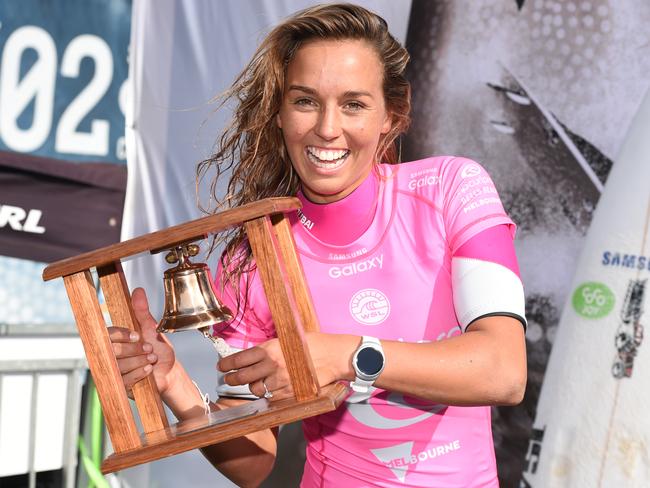 Sally Fitzgibbons with her second place trophy after the 2016 Bells Rip Curl Pro. Picture: Jason Sammon