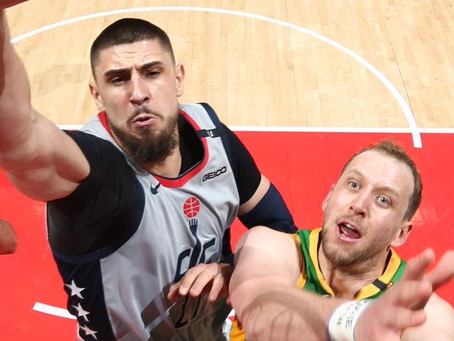 WASHINGTON, DC -  MARCH 18: Joe Ingles #2 of the Utah Jazz shoots the ball during the game against the Washington Wizards on March 18, 2021 at Capital One Arena in Washington, DC. NOTE TO USER: User expressly acknowledges and agrees that, by downloading and or using this Photograph, user is consenting to the terms and conditions of the Getty Images License Agreement. Mandatory Copyright Notice: Copyright 2021 NBAE (Photo by Ned Dishman/NBAE via Getty Images)