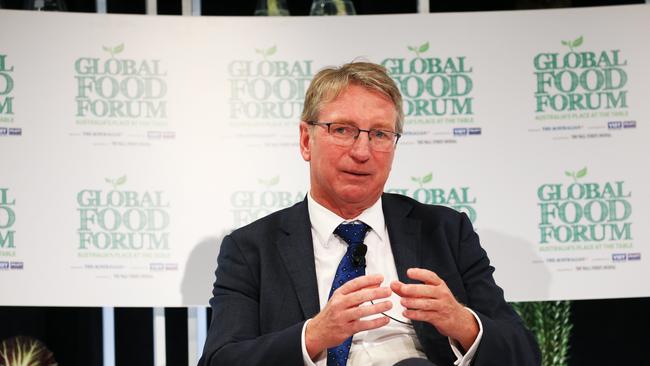 Bega Cheese executive chairman Barry Irvin talks during The Global Food Forum at Sydney's Westin Hotel. Picture: Adam Taylor