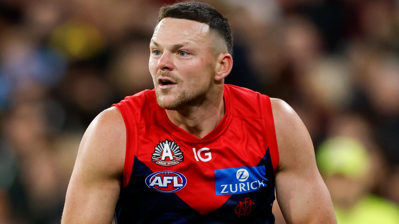 MELBOURNE, AUSTRALIA - APRIL 24: Steven May of the Demons in action during the 2024 AFL Round 07 match between the Richmond Tigers and the Melbourne Demons at the Melbourne Cricket Ground on April 24, 2024 in Melbourne, Australia. (Photo by Dylan Burns/AFL Photos via Getty Images)