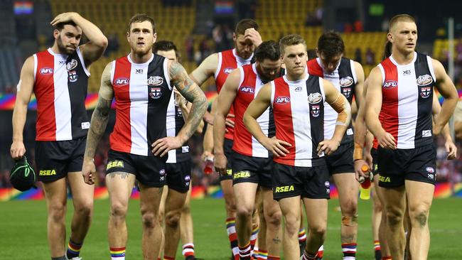 St Kilda players after last week’s thumping from Sydney. Picture: Getty Images