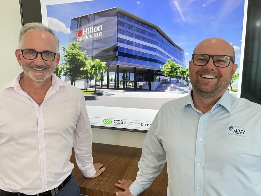 Focus Pacific chief executive Michael Graham and Carey Group chief executive Matt Thomson have worked hard to deliver the Hilton Garden Inn project. Picture: Leighton Smith