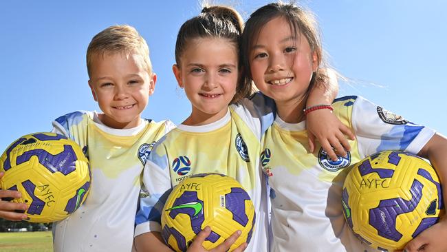 29/1/25. A new not-for-profit junior soccer club Adelaide Youth Football Club is being launched this weekend in Adelaide, aimed to make competitive soccer more affordable - Rafael Sciancalepore - 6, Ilijana Lambetis -6 and Alessia Zhao - 7yrs.Picture: Keryn Stevens