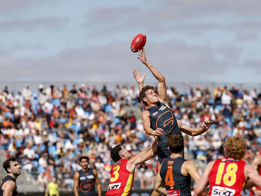 Giants Aaron Cadman in the ruck during the Gather Round match between the GWS Giants and Gold Coast Suns at Mount Barker, Adelaide on April 7, 2024. Photo by Phil Hillyard.