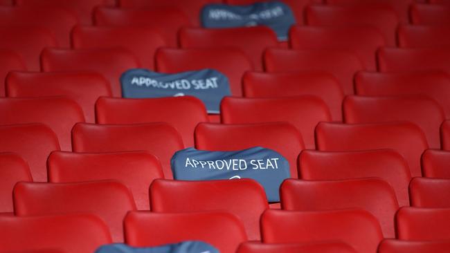 Covers are placed on seats to aid social distancing during a match between England and Ireland at Wembley stadium in north London. Picture: AFP.