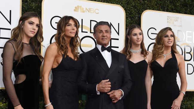 Scarlet Stallone, Jennifer Flavin, Sylvester Stallone, Scarlet Stallone and Sophia Stallone arrive at the 74th annual Golden Globe Awards.