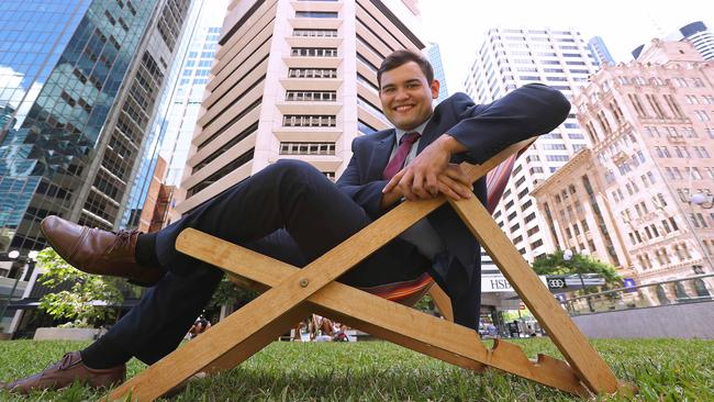 Jerone Wills outside HSBC offices in Brisbane. Picture: Lyndon Mechielsen.