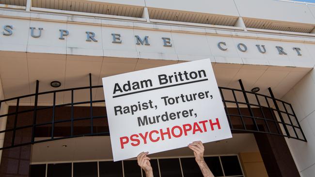 Protesters gather outside the Supreme Court in Darwin where zoologist Adam Britton will be sentenced in August for the torture, rape and slaughter of dozens of pet dogs. Picture: Pema Tamang Pakhrin