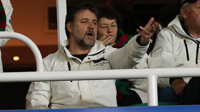 Russell Crowe looks on during NRL match Sydney Roosters v South Sydney Rabbitohs at Allianz Stadium. pic. Phil Hillyard
