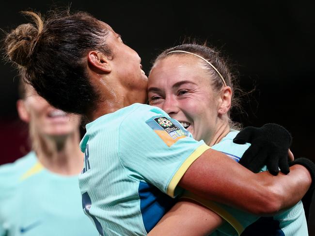 MELBOURNE, AUSTRALIA - JULY 31: Mary Fowler of Australia celebrates her goal with Caitlin Foord during the Women's World Cup football match between Canada and Australia at AAMI Park on July 31, 2023 in Melbourne, Australia. (Photo by Dave Hewison/Speed Media/Icon Sportswire via Getty Images)