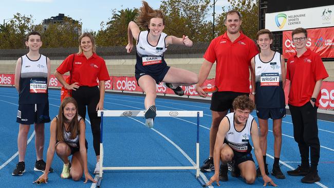 The national Little Athletics Championships are back this weekend for the first time in three years, with an historic move to inclusion. (L-R) Liam Costello, Madeline Tarabay (bottom), Nina Kennedy (Pole Vault record holder), Maddison Carr, Matthew Denny (Olympian), Asher Andrews, Oscar Wright and Jaryd Clifford (Paralympian). Picture: Josie Hayden