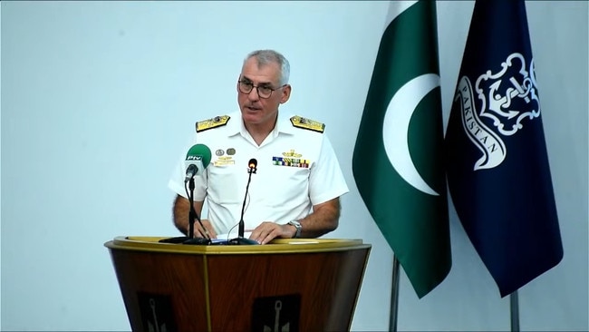 Australian Fleet Commander Rear Admiral Christopher Smith addresses the AMAN Dialogue in Pakistan. Picture: YouTube