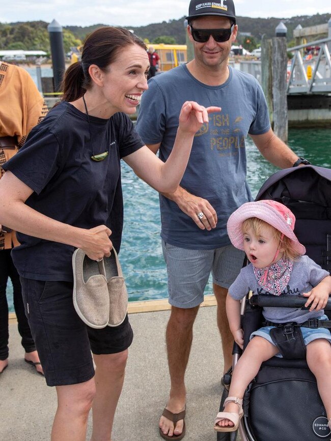 Jacinda Ardern, Clarke Gayford and their daughter Neve. Picture: AAP