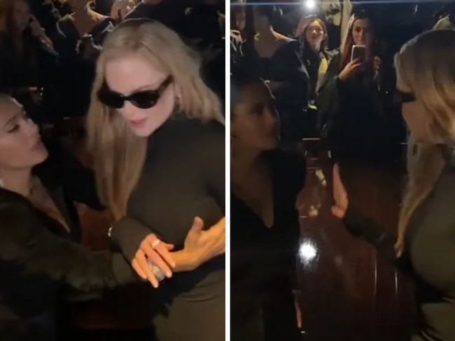 Salma Hayek and Nicole Kidman appeared to have an awkward exchange at Paris Fashion Week. Picture: TikTok