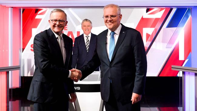 Scott Morrison and Anthony Albanese at the final leaders' debate ... both preach productivity but neither has their hearts in the policies to get there . Picture: Lukas Coch/POOL/AFP