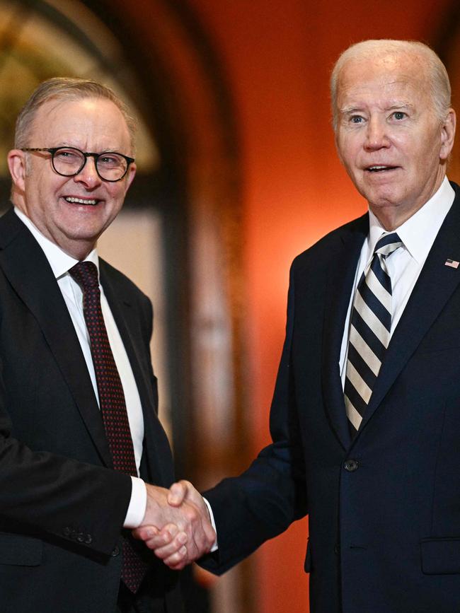 Joe Biden bids farewell to Anthony Albanese. Picture: AFP