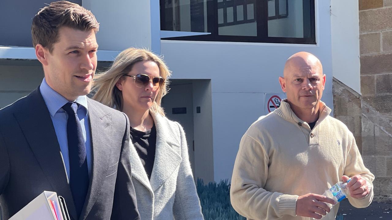 Ex NRL WAG Belinda Simmonds leaving Wollongong Local Court on Wednesday after receiving ICO for swindling $90k from a childcare centre she worked at between 2013 and 2018. Pictured with lawyer Matt Ward and husband Reece Simmonds. Picture: Dylan Arvela