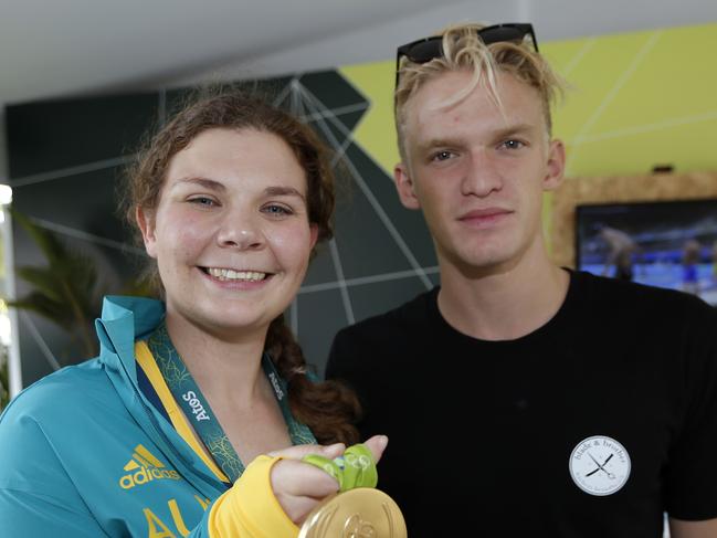 Australian Shooter and Gold medalist Catherine Skinner meets Australian pop star Cody Simpson at The Edge. Rio Olympics Games 2016. RIO DE JANEIRO, Brazil. Picture: Cameron Tandy