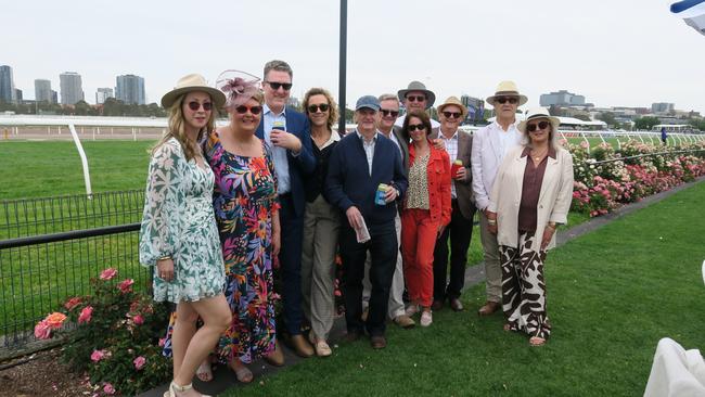 Aileen, Inge, Kerrie, Shelley, Michelle, Brett, Pete, Theo, Glen and Tom at Seppelt Wines Stakes Day 2024 at Flemington Racecourse. Picture: Gemma Scerri