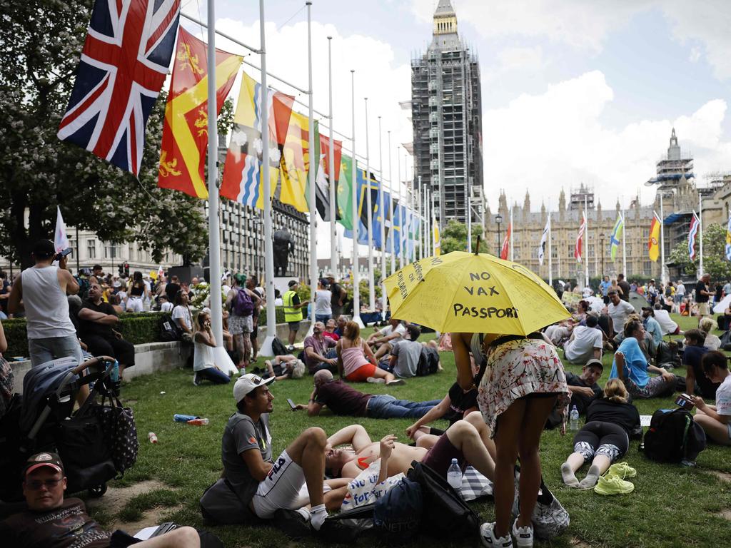 Anti-vaccination protesters against the coronavirus vaccine gather in parliament Square outside the Houses of Parliament in central London. Picture: AFP