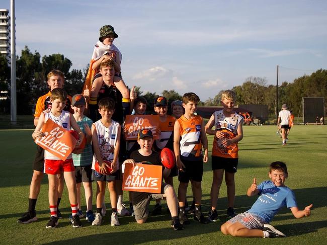 GWS Giants players Tom Green and Harvey Thomas during their most recent community camp. Picture: GWS Giants