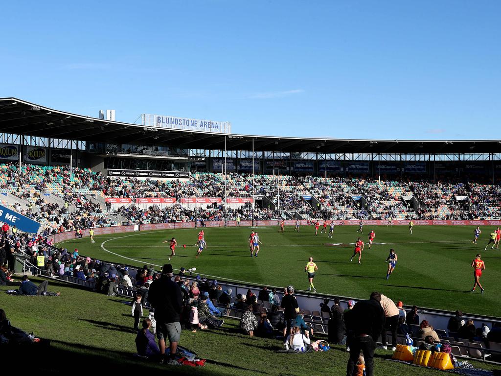 Fans watch an AFL game from the hill at Bellerive Oval. Picture: Nikki Davis-Jones