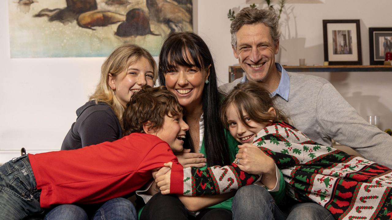 Ali Clarke with her husband Matthew and kids Eloise, Sam and Madelyn. Picture: Kelly Barnes