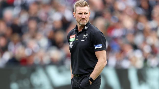 Nathan Buckley will have a lot to review after the loss to Essendon. Picture: Michael Klein