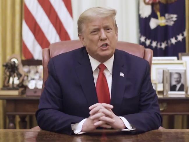 Donald Trump released a lengthy video calling on his supporters to stand down, saying he was “shocked” by last week’s Capitol incursion. Picture: Supplied