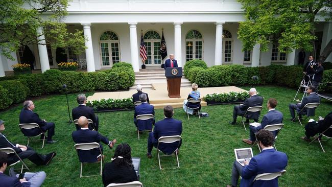 Donald Trump gives a Covid briefing on the White House lawn in 2020. Picture: Getty Images