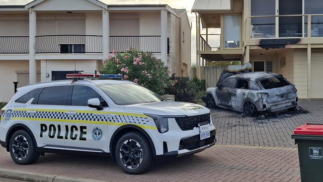 An Audi has gone up in flames overnight at Port Noarlunga. Picture: Agnes Gichuhi