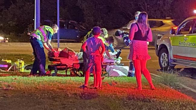 A man was transported to Gold Coast University Hospital following a crash with a delivery driver at Coomera on Saturday night. Picture Daniel Lutzke.