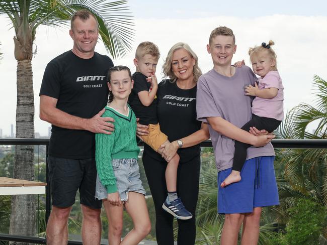 Karla and Michael Ronning with kids Stella , Harvey Liam and Stella looking to sell their Highland Park Home.Picture: Glenn Campbell