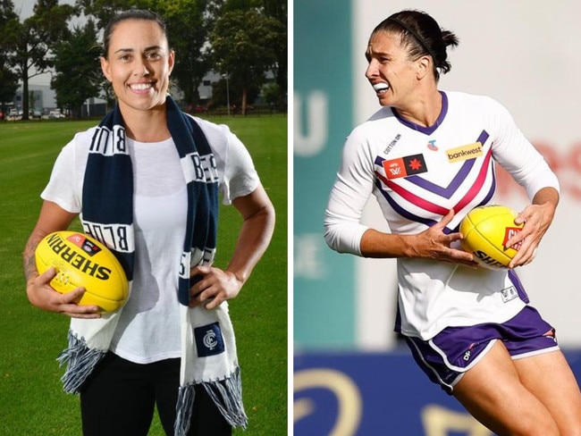 Bentley in her Carlton days and Brazill in action on Saturday. Photos: News Corp/Getty Images