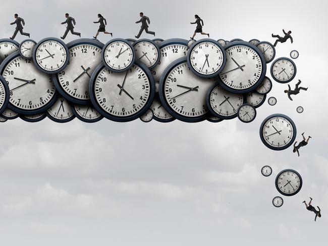 Working overtime health risk and work exhaustion symbol as business people running away from falling clock objects as a corporate stress metaphor with 3D illustration elements.