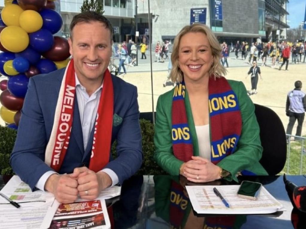 Jude Bolton and Kate McCarthy on the Channel 7 broadcast at the AFL Grand Final before McCarthy’s collapse. Picture: Instagram