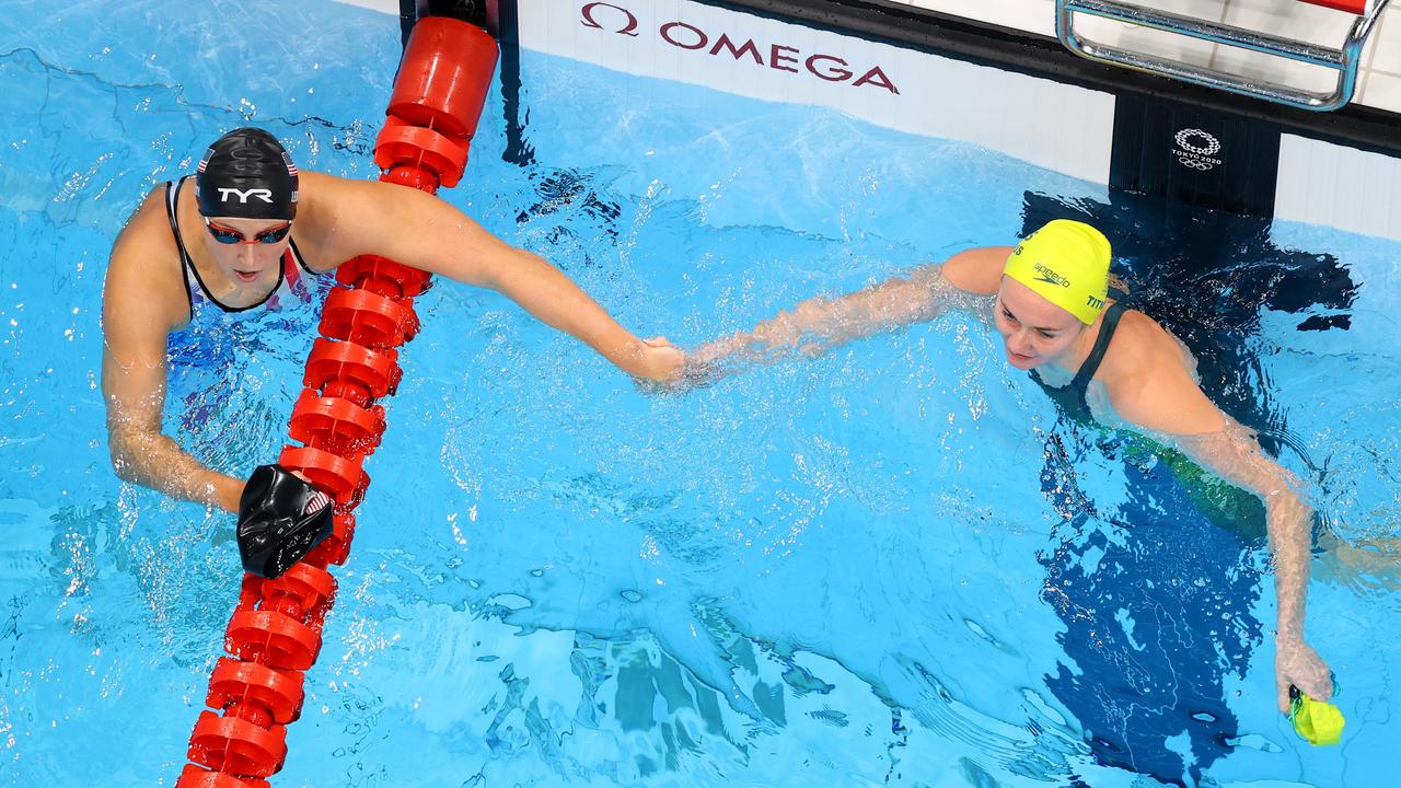 Katie Ledecky and Ariarne Titmus. (Photo by Richard Heathcote/Getty Images)