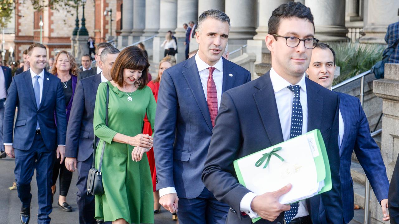 Speaker Dan Cregan, right, leads Premier Peter Malinauskas and other MPs to to Government House during the opening of the 55th Parliament. Picture: Brenton Edwards