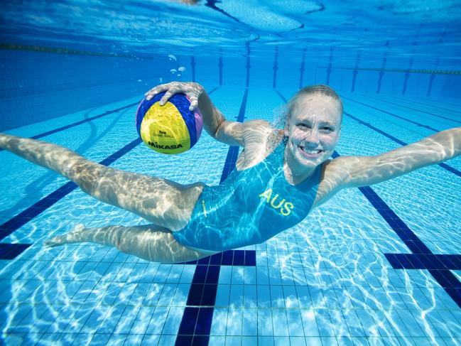 HOLD EMBARGO COURIER MAIL 26TH FEB 22 year old Australian Water Polo Goal Keeper  and Brisbane local Gabi Palm is thrilled with the news Brisbane is firming as a favourite for the 2032 Olympics. Photo Lachie Millard