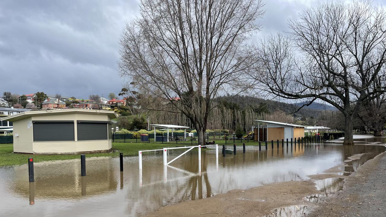 Flooding at the New Norfolk Esplanade park and playground. Picture: Genevieve Holding