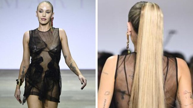 Influencer flashes G-string in sheer dress at Australian Fashion Week